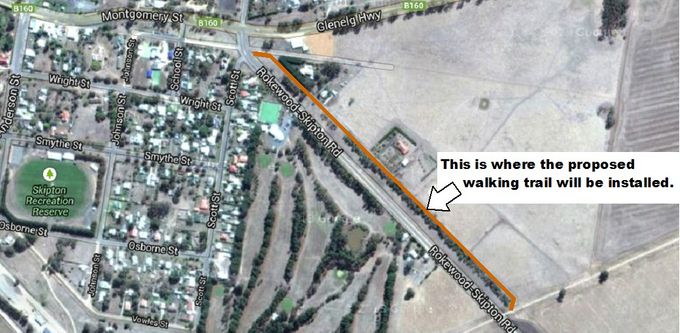 THE  WALK  BEGINS  FROM  THE  BALLARAT-SKIPTON  RAIL  TRAIL,  TURNING  LEFT  ADJACENT  TO  THE  ROKEWOOD-SKIPTON  RD,  THEN  CROSSING  AT  THE  INTERSECTION  WITH  MONTGOMERY  STREET.