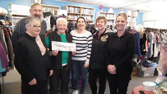 Skipton Community Shop Co-ordinator Stan Foote and President Pat Hutchison were happy to present a $5,000 cheque to three members of the Lions Club Skate Park Sub-Committee for the proposed 